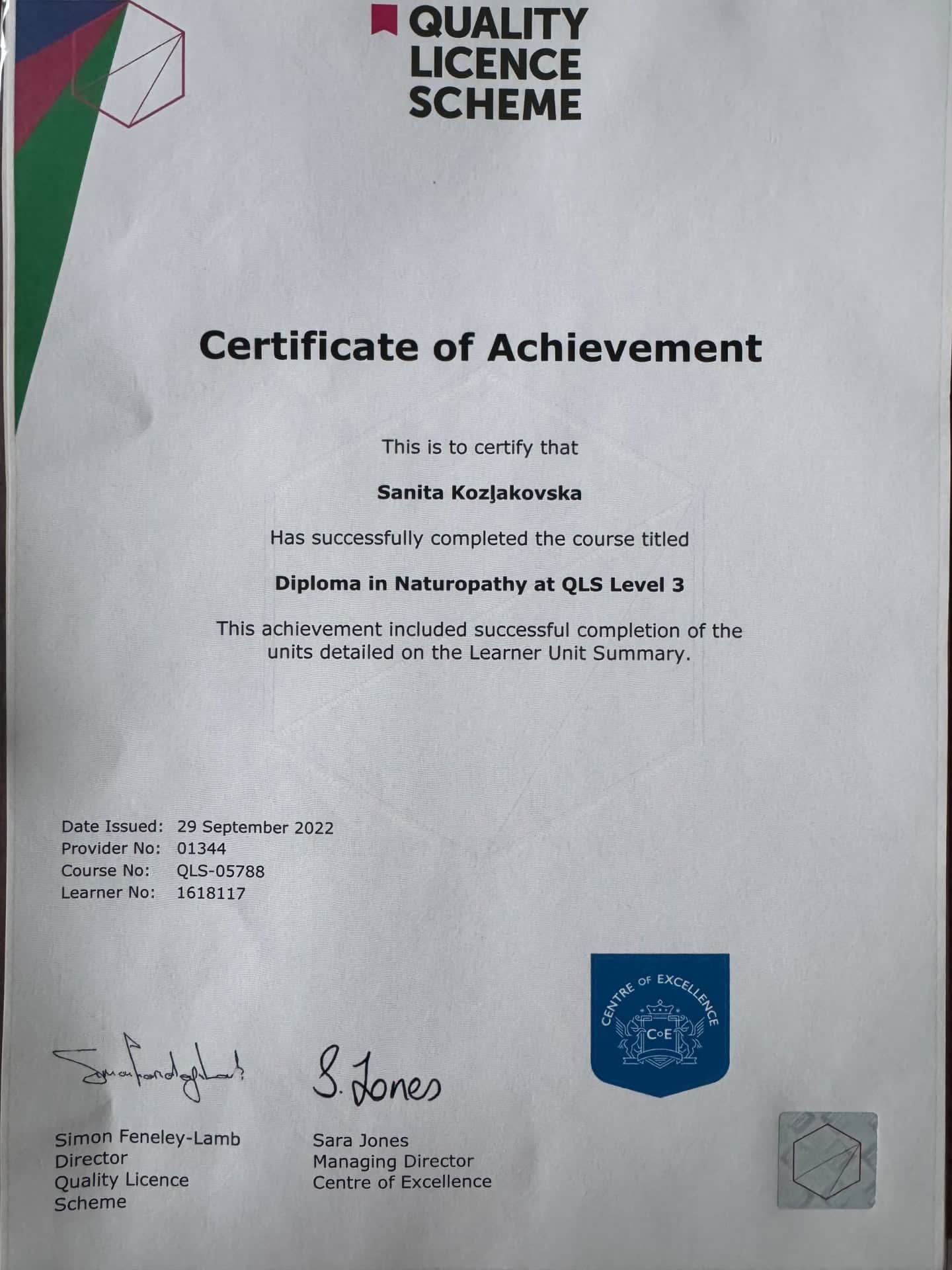International CPD Certificate in Naturopathy – Sanita Kozlakovska 2022